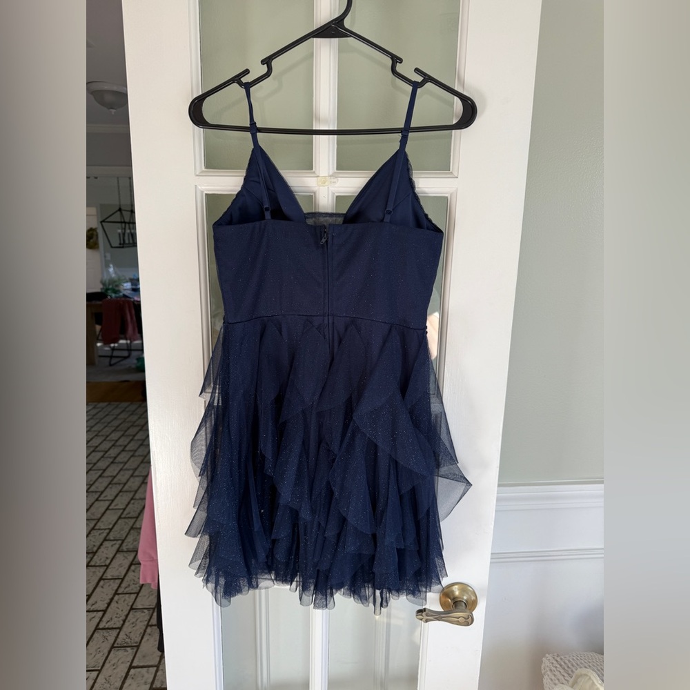 Elegant Navy Blue Ruffled Dress sz 3/4 or Small - Picture 3 of 5